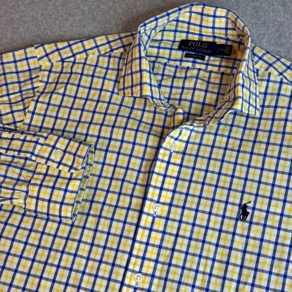 Polo Ralph Lauren Mens Large Classic Fit Yellow Blue Check Button Down Shirt